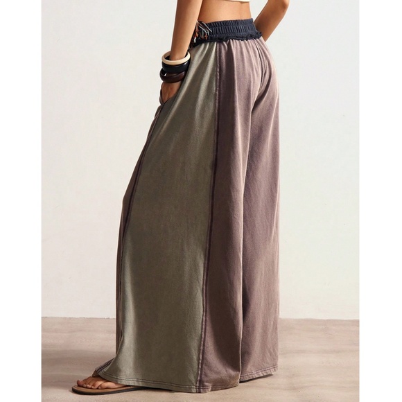 Solid Color Block Stretchy Waist Wide leg Lounge Pants - Picture 1 of 10